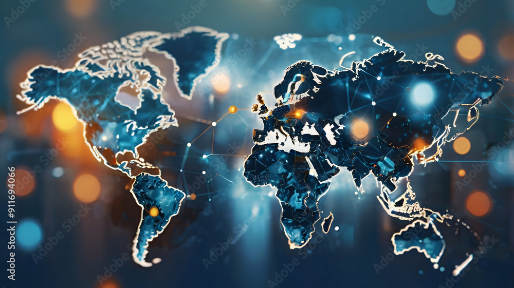Poster digital illustration of a global network concept with a dark blue world map, illuminated nodes and l