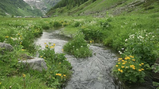 A serene mountain stream flowing through a lush meadow filled with wildflowers, surrounded by scenic green hills. Ideal for themes of nature, tranquility, and natural beauty. High quality 4k footage