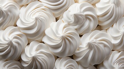 Detailed view of a fresh meringue, showing delicious textures, front view from above, studio lighting, white background.