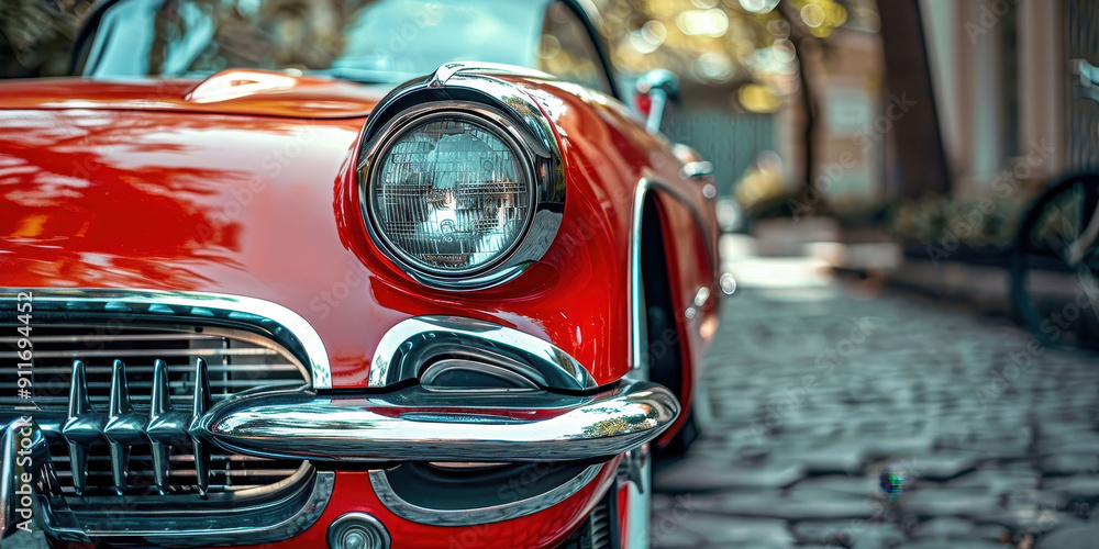 Sticker A red car with chrome trim is parked on a brick road