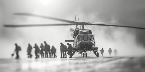 A group of soldiers are boarding a helicopter