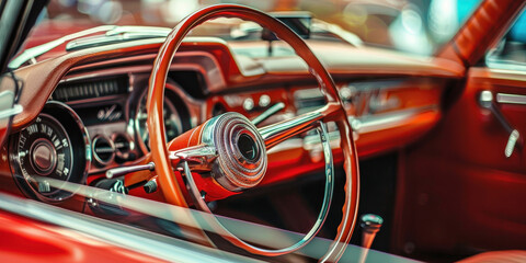 Fototapeta premium A vintage car with a red steering wheel and a black dashboard