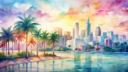 Obraz premium Vibrant cityscape of Miami showcases sun-kissed beaches, palm trees, and art deco buildings, evoking the joy of summer vacation and friendship in a tropical paradise.