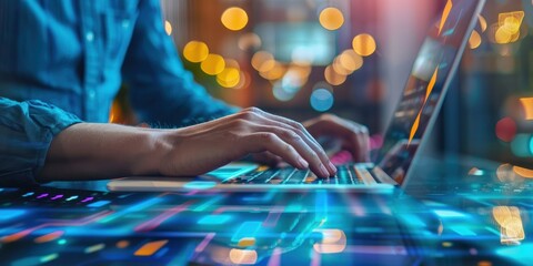 A person is typing on a laptop with a blue background