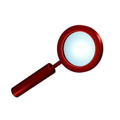 3D icon of red magnifying glass. Symbol for searching, reading, researching, information and analysing. Realistic magnifying glass isolated on white background. 3D render.