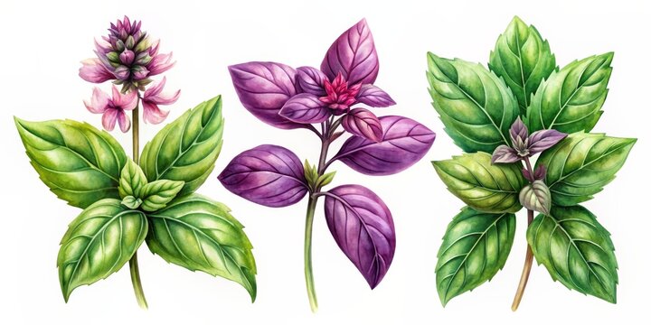 Watercolor Illustration of Green and Purple Basil Sprigs, Watercolor , Basil , Sprig , Plant