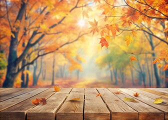 Empty blank wooden table fall background with autumn trees orange yellow color leaves backdrop forest or park nature scene abstract blurred bokeh tabletop for product display desk mockup. Copy space.