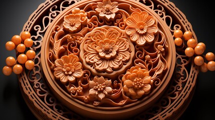 Detailed view of a fresh mooncake, with delicious textures, front view from above, studio lighting, white background.