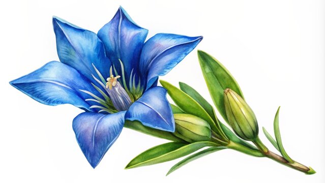 Watercolor Painting of a Gentian Flower with Bud and Leaves, Watercolor , Flower, Blue, Gentian , Wildflower