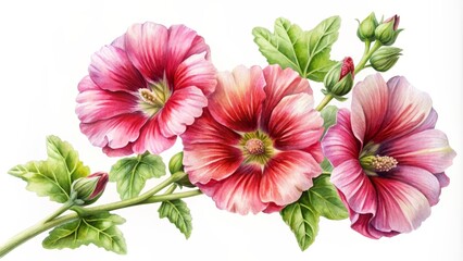 Obraz premium Watercolor Painting of Hollyhock Flowers in Bloom, watercolor , floral , flower , botanical , plant