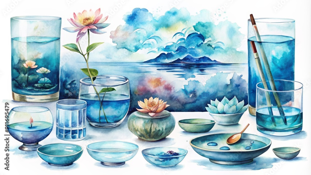 Wall mural Watercolor Still Life with Blue Glassware and Floral Elements, Water, Glass, Blue, Floral, Still Life