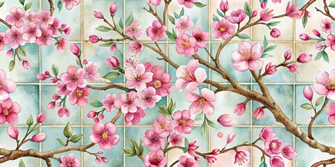 Watercolor Pink Blossoms on a Tile Background, watercolor , floral , blossom , tile