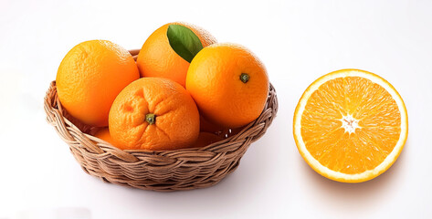 sweet orange in basket whole and slice isolated on white background