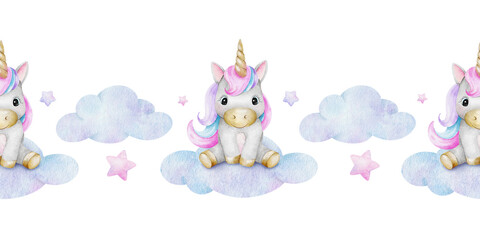 Unicorns, Clouds and stars. Watercolor nursery seamless border. Cute baby background. Design for kid's goods, clothes, textile, postcards, baby shower, wallpaper and children's room