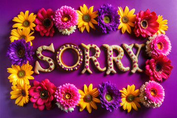 Sorry in Bright Floral Lettering on Purple Background
