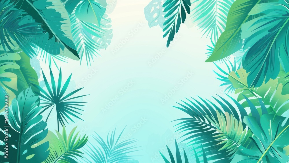 Poster summer background with blue color and palm leaves illustration flat design, light green gradient bac