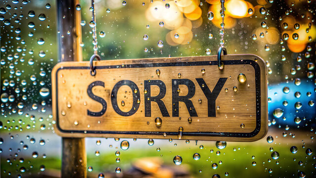 Sorry Sign on Rainy Window Background