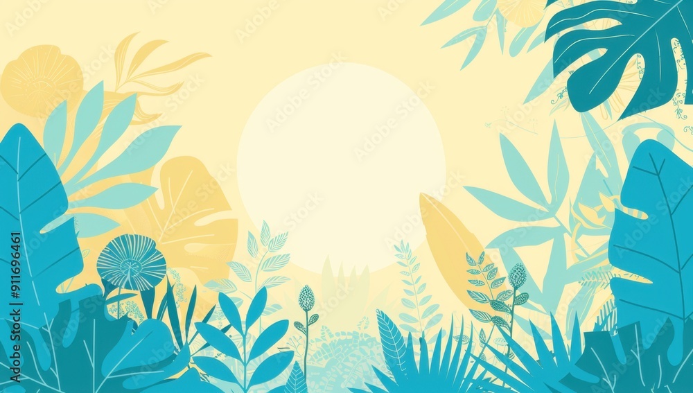 Poster summer background with blue color, plants and leaves in the style of simple shapes, light green to y