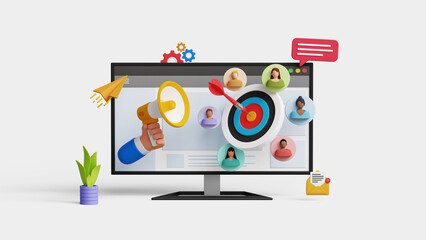 Target audience for advertising. Finding customer or client through social media campaign. Focus group research. 3D computer screen with megaphone and targeted audience