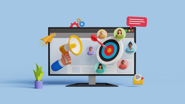 CRM, Customer relationship management concept. Customer target concept. Refining marketing strategies. 3D computer screen with megaphone and targeted audience