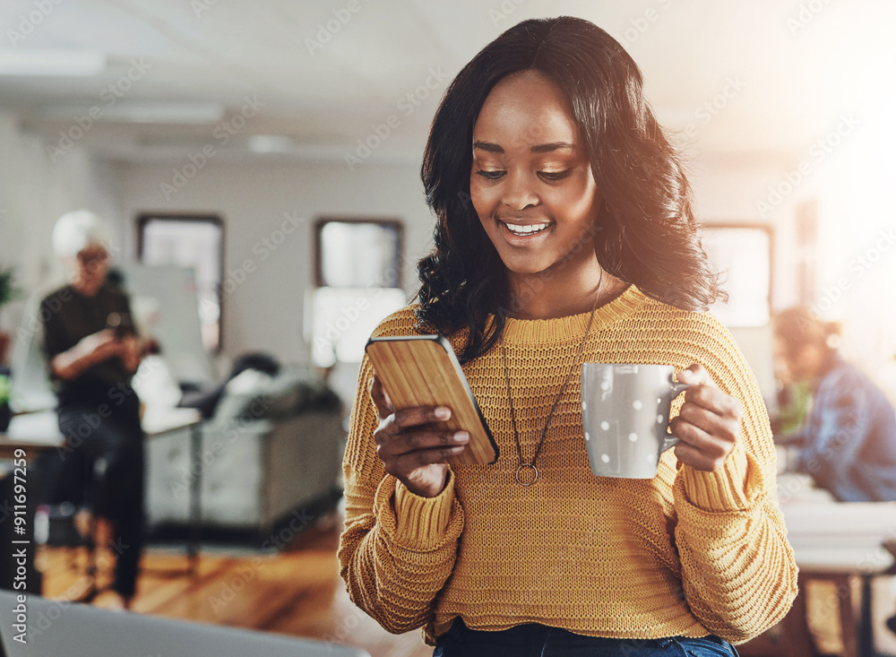 Poster black woman, office and happy on smartphone with coffee with email notification and communication. f