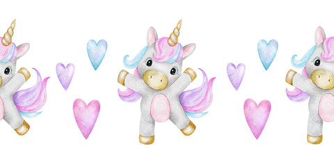 Unicorn and hearts. Watercolor nursery seamless border. Cute baby background. Design for kid's goods, clothes, textile, postcards, baby shower, wallpaper and children's room