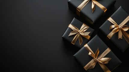 Black gift boxes with golden ribbon on a black background