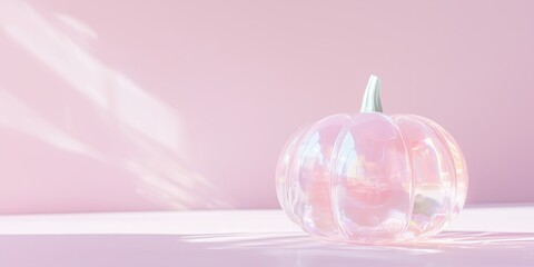 Glass holographic pumpkin on soft lilac background with space for text, soft pink fall background. A gentle concept for Thanksgiving and Halloween.