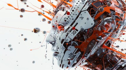 Abstract Mechanical Head with Orange and Silver Elements