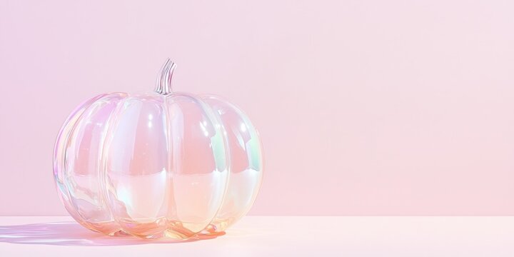 Glass holographic pumpkin on soft lilac background with space for text, soft pink fall background. A gentle concept for Thanksgiving and Halloween.