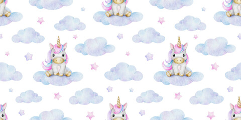 Fairy tale unicorns sit on clouds, stars. Watercolor nursery seamless pattern. Cute baby print for kid's goods, clothes, wallpaper, textiles, baby shower and children's room