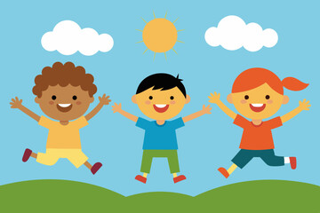 Vector illustration of happy kids jumping together during a sunny day