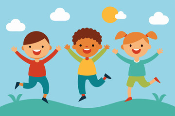 Vector illustration of happy kids jumping together during a sunny day