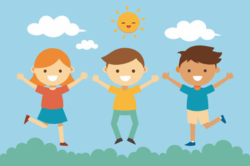 Vector illustration of happy kids jumping together during a sunny day