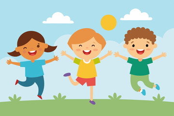 Vector illustration of happy kids jumping together during a sunny day