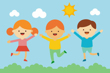 Vector illustration of happy kids jumping together during a sunny day
