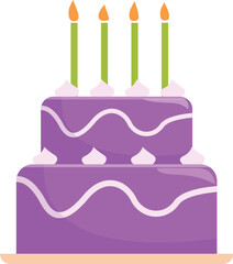 Festive two tier purple birthday cake is adorned with lit candles and ready for a celebration