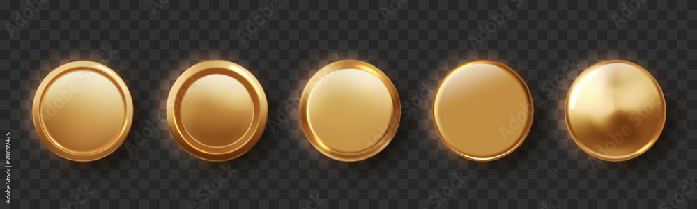 Poster golden button realistic isolated. set of shiny round frames medal or coin, winner emblems. realistic
