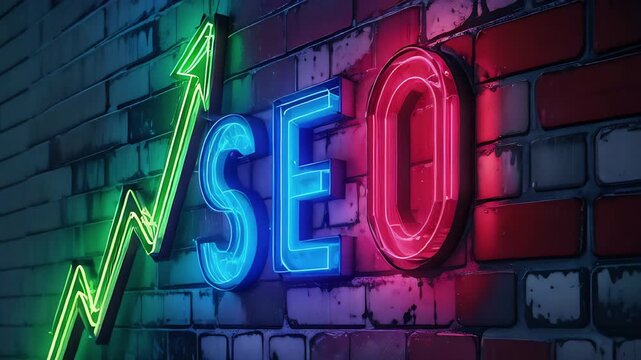 Colorful neon SEO sign with upward green arrow on a brick wall, concept of growth in search engine optimization and online marketing success, ranking improvement.