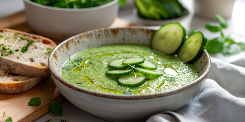 Green gazpacho made from cucumbers, avocado, and herbs, served in a bowl with a side of crusty bread, set on a bright and airy kitchen counter.