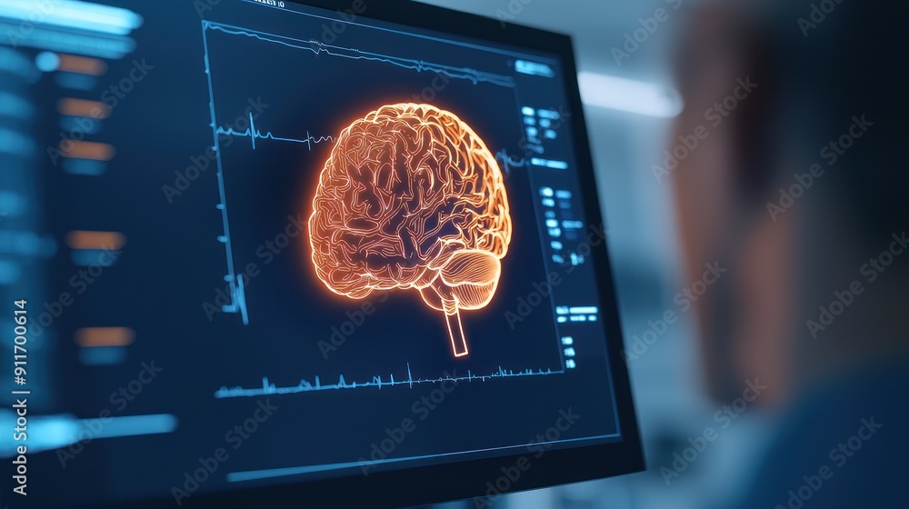Poster a digital illustration of a brain on a computer screen, showcasing advanced technology in neuroscien