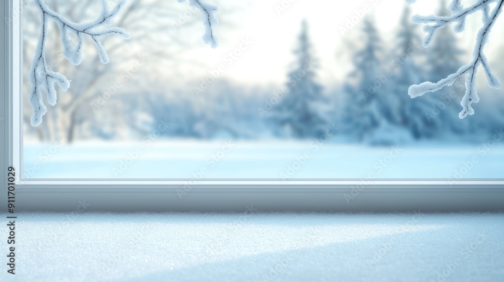 Poster a serene winter scene visible through a frosted window, featuring snow-covered trees and soft light 