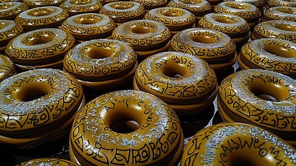   A multitude of glazed doughnuts stacked atop one another in front of a wall of additional doughnuts