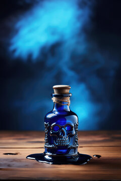 Cobalt blue poison bottle with spiled liquid on a table