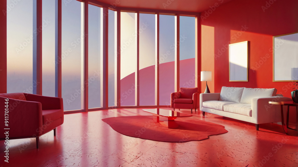 Poster red background with abstract light from the window for product presentation