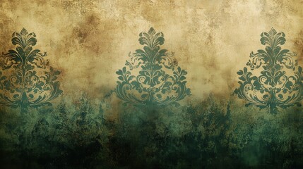 Grungy paper background with dark green and sepia brown hues, adorned with intricate, faded patterns that evoke a sense of vintage and historical elegance