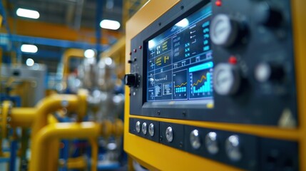 Close-up of a control panel featuring digital displays and gauges in a modern industrial setting.