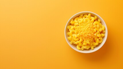 Pasta bowl on orange background. Minimalistic style with vibrant colors. Flat lay view with copy space for text. Perfect for marketing materials, banners, backgrounds, and texture design. It