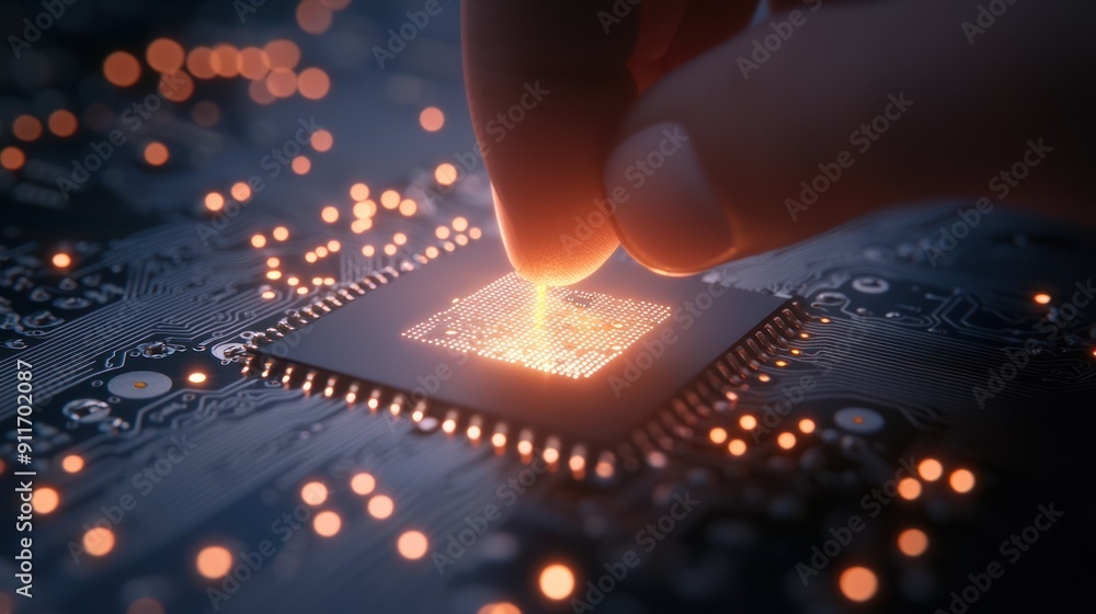 Poster a close-up of a hand touching a glowing microchip on a circuit board, highlighting technology and in