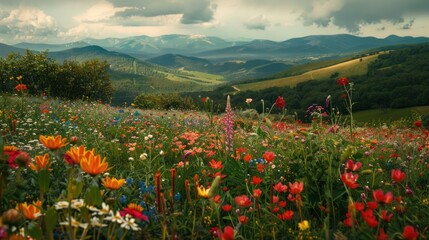 Mountain Meadow Wildflowers with Cloudy Sky and Distant Forest
